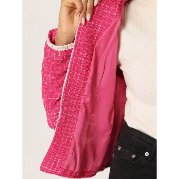 Plaid Tweed Blazer Long Sleeve Open Front Workwear Short Jacket Hot Pink - Picture 5 of 6